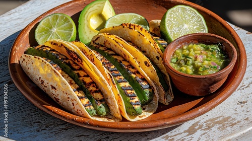 Grilled nopales tacos with charred cactus paddles served in corn tortillas on rustic clay plate with fresh lime wedges and salsa verde bowl