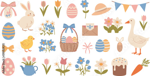 Easter collection with bunny chick goose eggs tulips flowers cake carrot and bunting