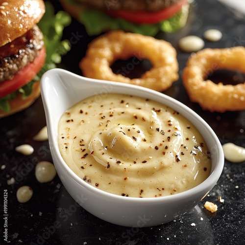 Premium aioli sauce with black pepper and spices in white ceramic serving dish alongside gourmet burgers and golden onion rings on dark slate surface