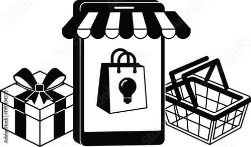 Black and white smartphone storefront vector art with shopping bag lightbulb gift box and basket
