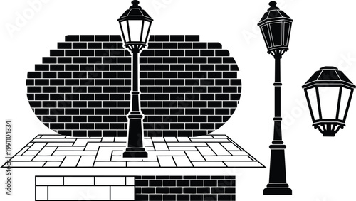 Black and white street lamp with separate lamp head brick wall and paved base vector art