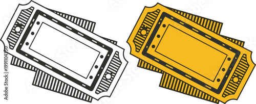 Two stylized tickets one black and white outline and one yellow with black outline entry admission event