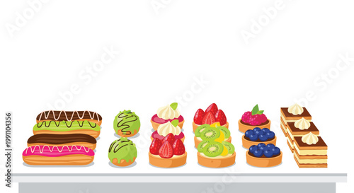 A decadent assortment of gourmet pastries including glazed eclairs and fresh fruit tarts sits beautifully arranged on a pristine white display table top.