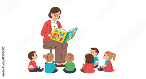 A kind female teacher wearing glasses reads a vibrant animal picture book to a group of attentive toddlers sitting in a circle on the clean white floor.