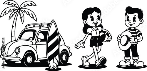 Retro black and white cartoon boy and girl with striped surfboard and classic car by palm tree