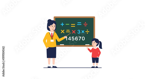 A friendly female educator points toward colorful mathematical symbols and white numbers on a green chalkboard while a young schoolgirl watches in a bright room.