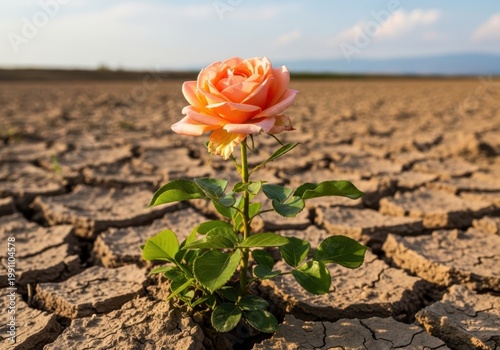 A lone rose blooms amidst a cracked, dry landscape under a cloudy sky