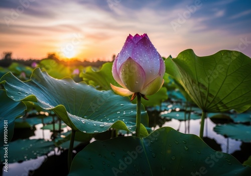 Lotus flower blooming at sunrise with a scenic water body in the background