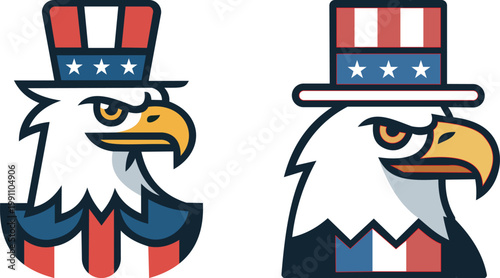Set of two Patriotic american bald eagle mascot wearing uncle sam top hat