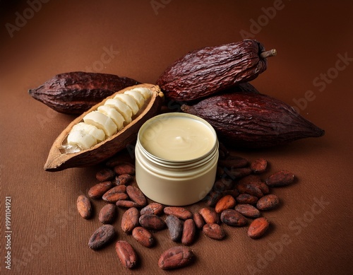 cocoa butter lotion on a brown background with cocoa beans