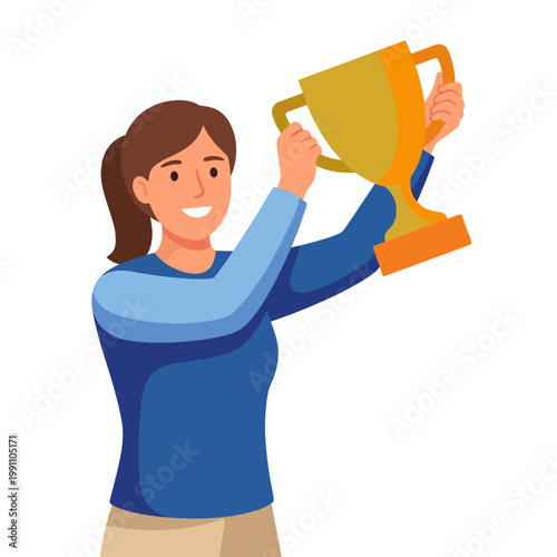 A cheerful woman triumphantly holds a trophy above her head, representing success, achievement, and the joy of victory in a competitive environment.