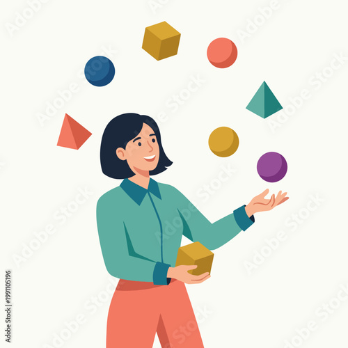 A woman happily juggling colorful geometric shapes, representing creativity, skill, and the joy of playful learning and artistic expression.