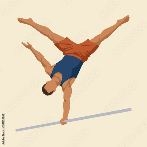 A male gymnast is showcasing a remarkable handstand on a high bar, demonstrating strength, balance, and precision in a stunning athletic display under soft lighting.
