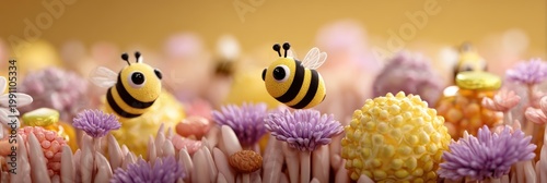 digital illustration, top visual designers world bee day web banner features cute honeybees, wildflowers, and honey jars in a bright palette with cinematic lighting for a charming aesthetic text not
