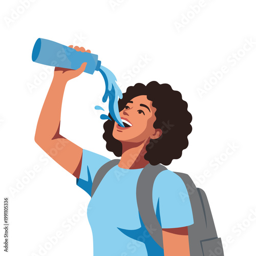 A hydrated woman joyfully drinks water from a bottle while wearing a backpack, signifying health, happiness, and the importance of staying hydrated in an accessible illustration.