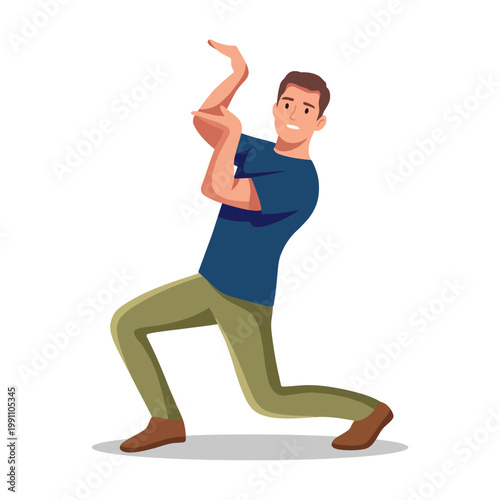 A man joyfully dances with expressive movements, showcasing a blend of energy and creativity, emphasizing the joy of movement and the freedom of self-expression.