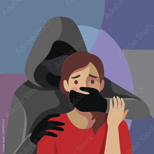 An artistic portrayal of a woman appearing fearful and vulnerable in the grasp of a shadowy figure, touching on themes of fear, danger, and emotional struggle.