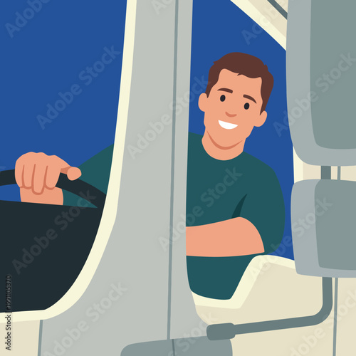 A friendly man smiles from inside a truck cab, embodying a spirit of confidence and approachability, showcasing the human elements of transport and logistics industries.