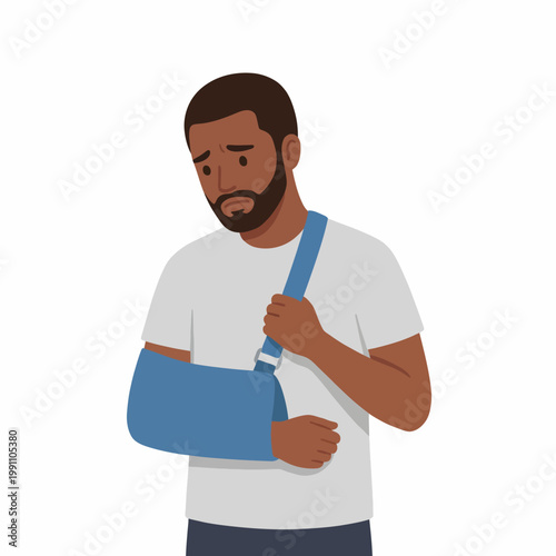 A man with a sad expression wears a blue arm sling, portraying vulnerability and the need for care after an injury, highlighting human emotions.