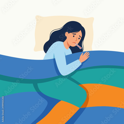 A woman lying in bed, looking unwell while holding a thermometer, showcasing vulnerability and the common experience of feeling under the weather in a colorful bedroom.