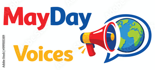 May Day Voices illustration with bold lettering, megaphone and glowing globe, celebrating labour protest, global solidarity, activism and social justice for International Workers Day campaigns