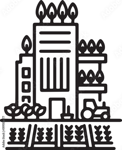 Bio refinery complex, line of industrial plant with leaf topped towers, pipes greenery