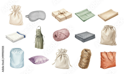Set of linen textile items and home accessories