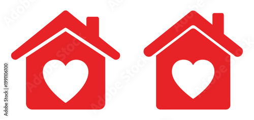 Two red houses with heart shaped windows simple graphic design