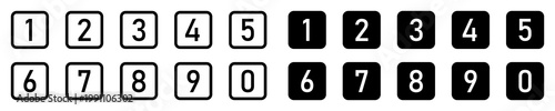 Set of bullet point numbers from 0-9 in black rounded square outline and fill. Numeric typographic set of counting numbers from 0 to 9 for apps, websites and UI isolated in outline and fill styles