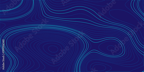 Blue Topographic Map Background with Organic Abstract Contour Lines. Minimalist Vector Pattern for Web Design. Digital abstraction of  blue motion wave with light spiral circles, fractal vortex design
