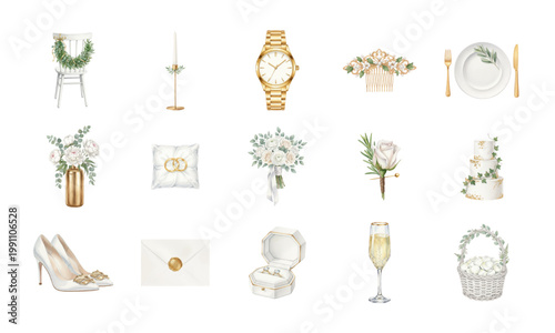 Set of minimalist white and greenery wedding design elements