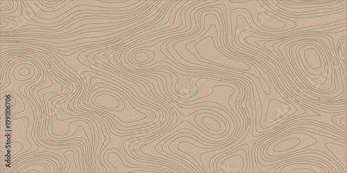 Topographic map background with brown contour lines, abstract geographic relief pattern design. Vintage brown wood grain texture featuring a seamless nature pattern with light wavy lines