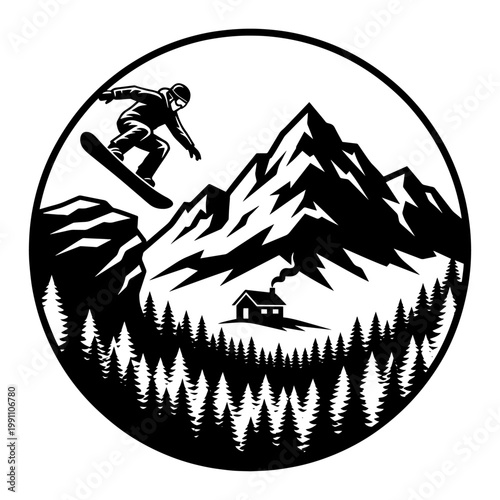 Vintage Snowboarding Adventure Badge: Vector Silhouette of a Snowboarder Jumping Over Mountains, Pine Forest, and Cabin