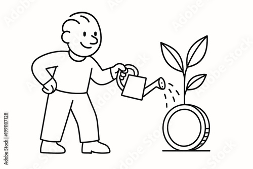 Person watering a coin with a plant growing out of it, symbolizing financial growth and investment