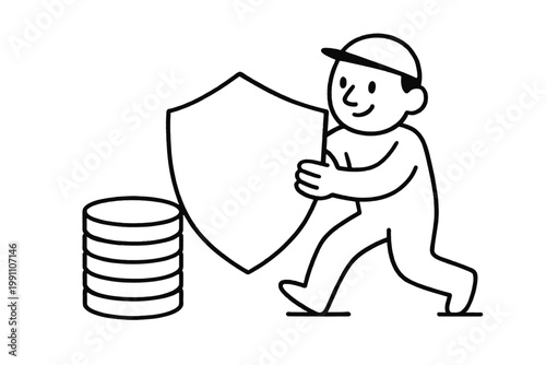 A cartoon character is carrying a shield to protect a stack of coins, symbolizing financial security and investment protection