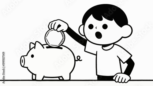 A young child engages in a fundamental financial lesson, carefully depositing a shining coin into a classic piggy bank, symbolizing the start of savings and future monetary security