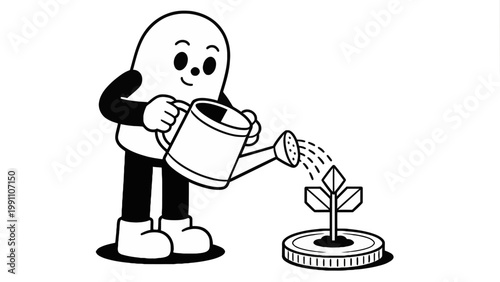 Whimsical cartoon character nurturing a sapling growing from a stack of coins, symbolizing smart financial investment and prosperous long-term growth
