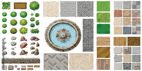 Top down game assets collection with tiles rocks trees and fountain elements