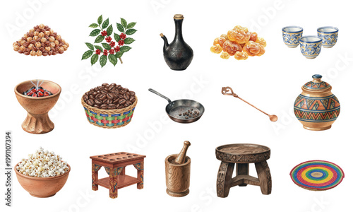 Set of Ethiopian coffee ceremony watercolor illustrations isolated on white background