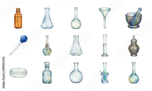 Set of watercolor laboratory glassware isolated on white background