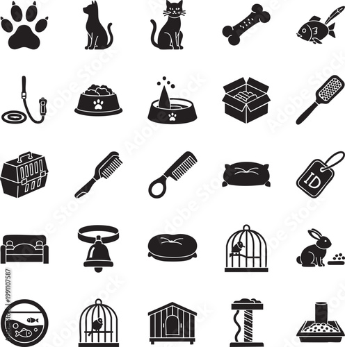 Collection of pet accessories and supplies, featuring cats, dogs, and small animals