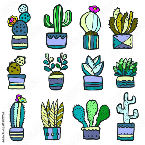 Set of cactus pot doodle color illustration