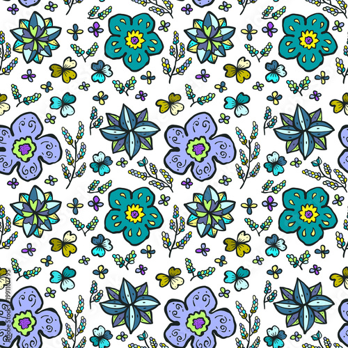 Seamless pattern with green yellow and purple flowers doodle color illustration