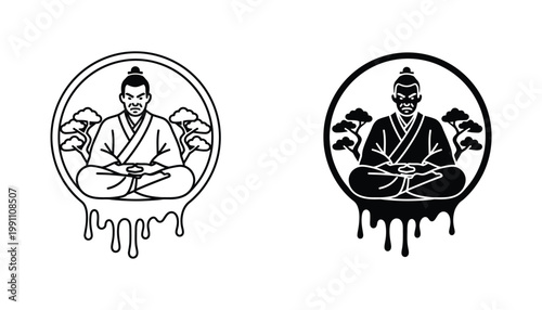 Zen samurai meditation icon set showing peaceful warrior figure in circular frame representing mindfulness and discipline in outline and solid black vector design