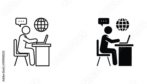 Remote worker sitting at desk with laptop and globe speech bubble icon set in outline and solid black styles for global business and digital nomad communication design elements