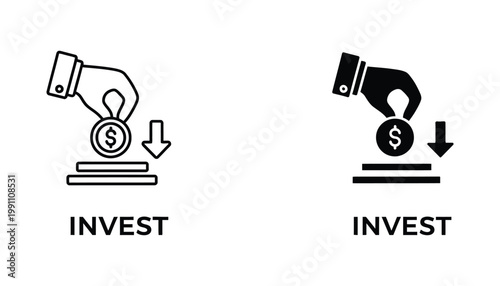Minimalist invest icon set featuring hand placing coin into slot showing financial growth concept in outline and solid black vector styles for business presentations