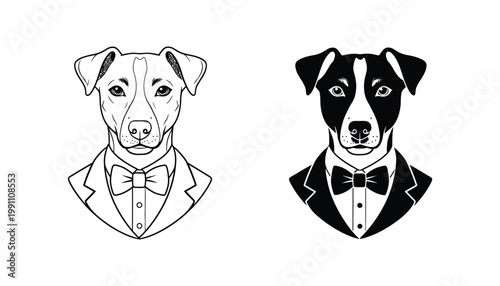 Jack Russell terrier dog portrait wearing tuxedo and bow tie vector icon set in outline and solid black styles for luxury pet branding and elegant animal illustration design projects