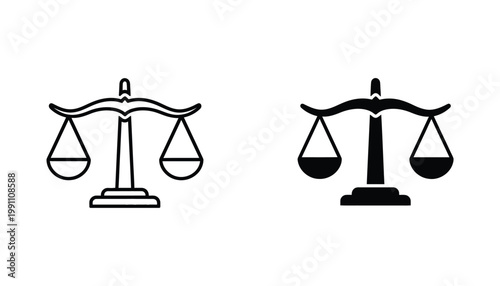 Scales of justice symbol in linear and solid black icon style with elegant curved top for legal and court professional branding isolated on a clean white background for business identity usage