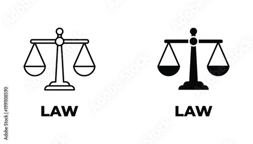 Scales of justice icon with the word Law underneath in linear and solid black style for legal professional branding isolated on a clean white background for corporate identity and documentation