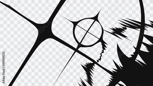 Abstract black burst with sharp intersecting lines and a circular core. Dynamic explosion effect with strong motion and energy.